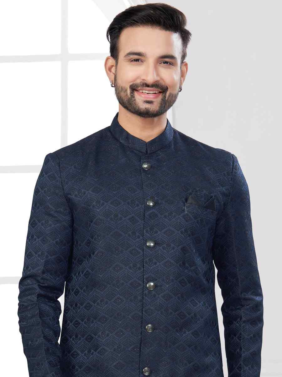 Nevy Blue Silk Dupion Embroidered Festival Wedding Sherwani