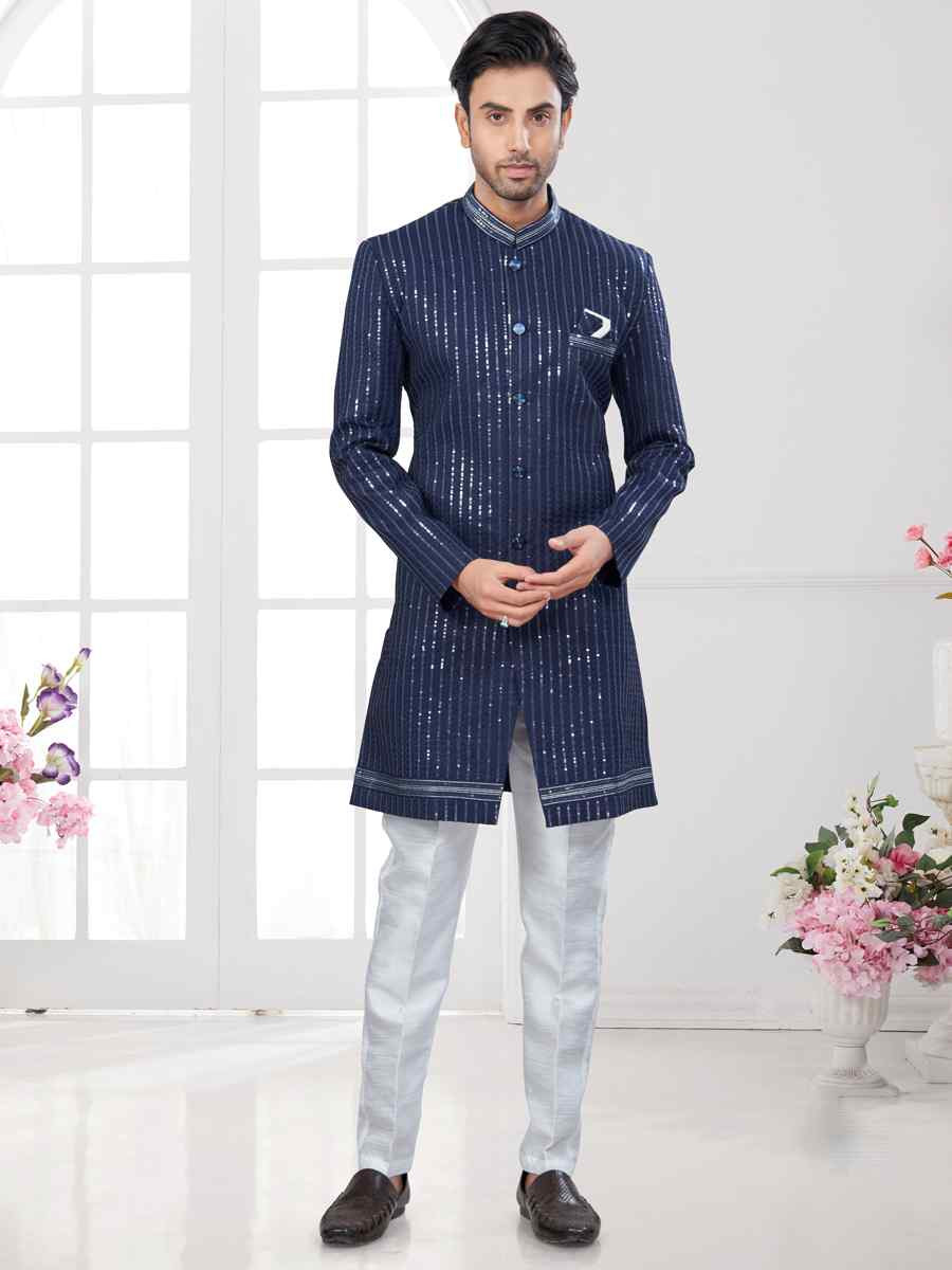 Nevy Blue Silk Dupion Embroidered Festival Wedding Sherwani