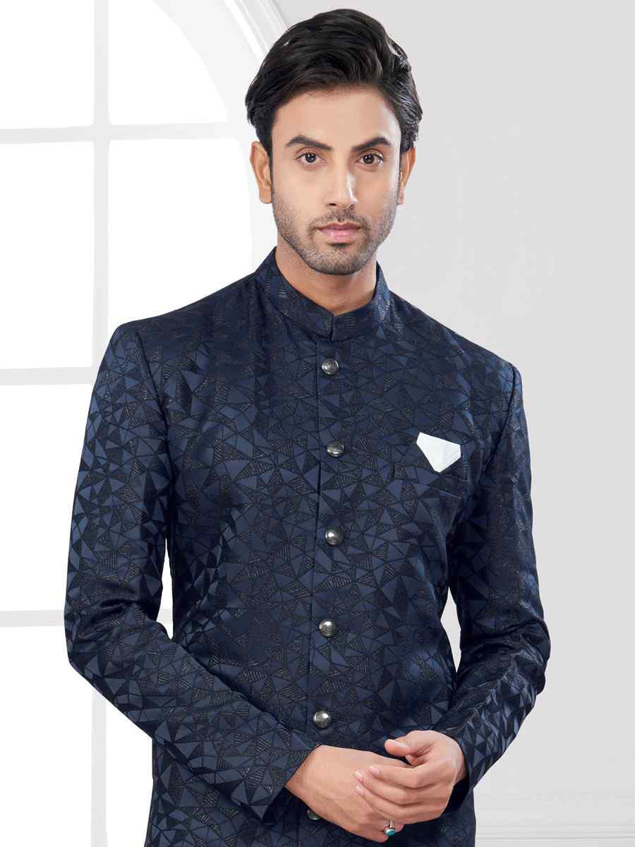 Nevy Blue Silk Dupion Embroidered Festival Wedding Sherwani