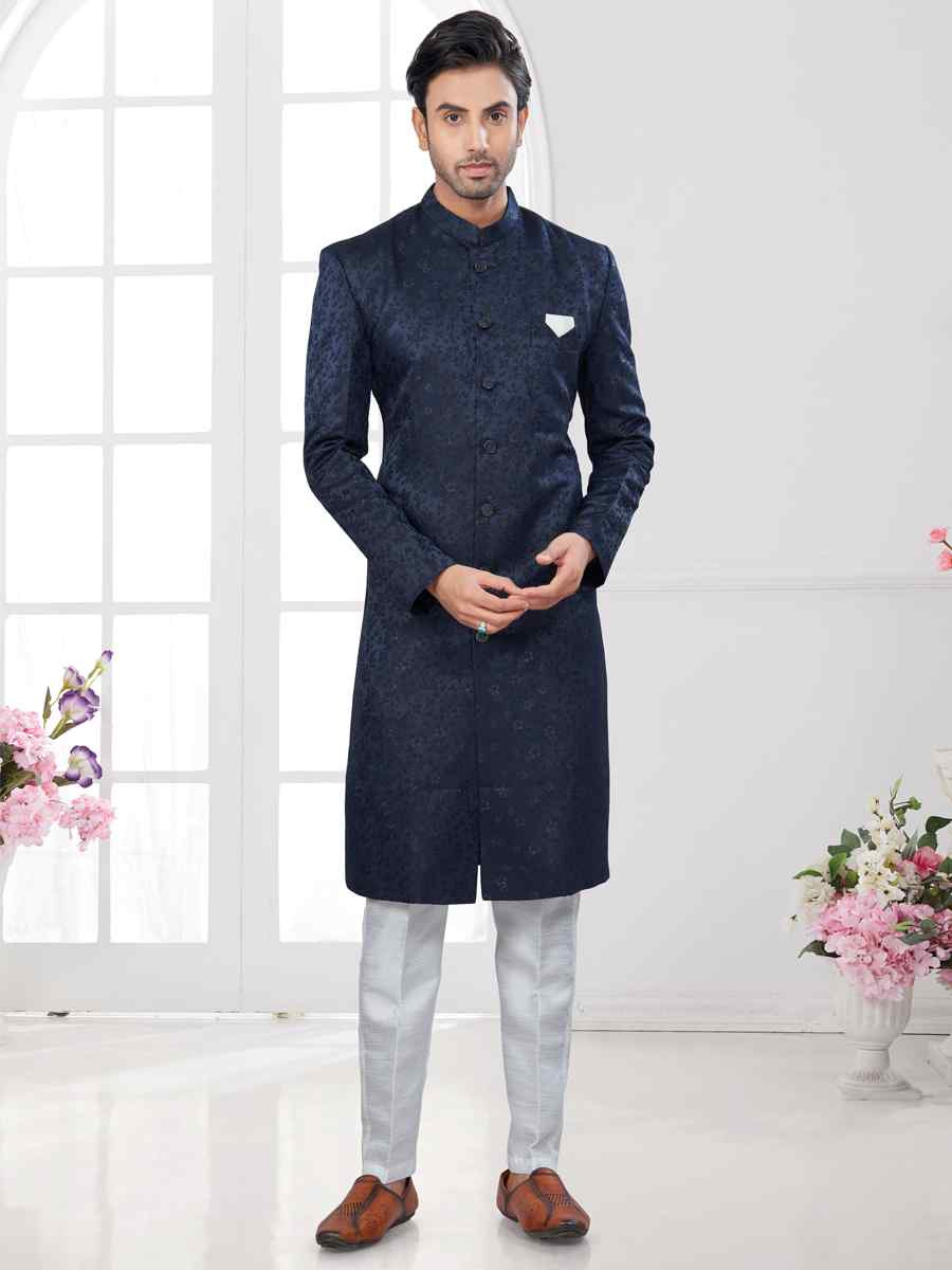 Nevy Blue Silk Dupion Embroidered Festival Wedding Sherwani