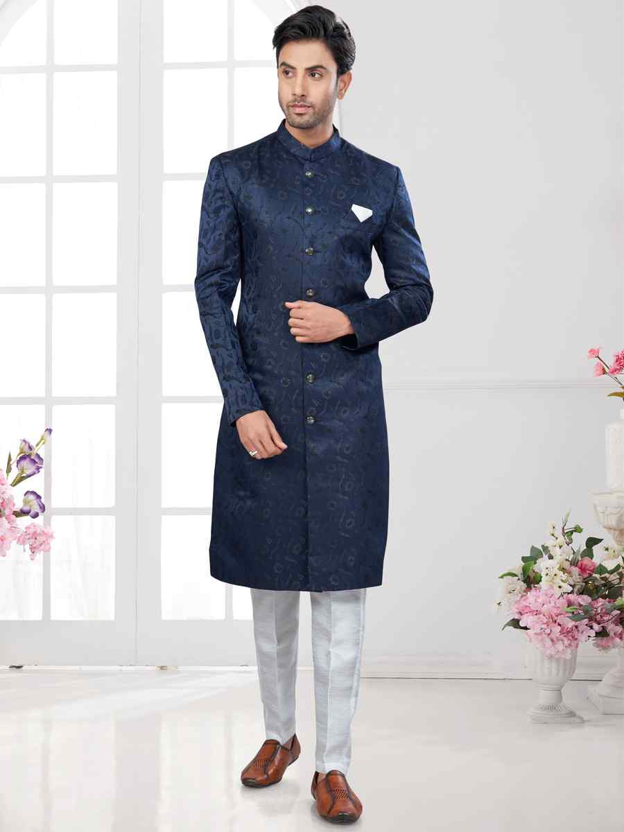 Nevy Blue Silk Dupion Embroidered Festival Wedding Sherwani