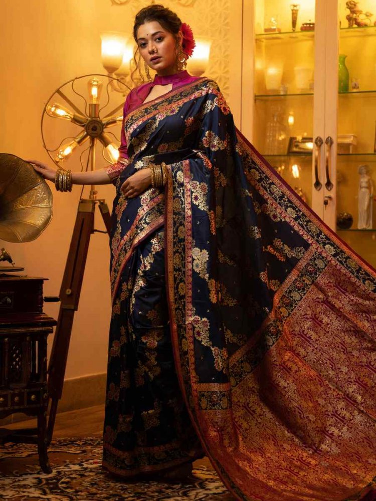 Nevy Blue Soft Banarasi Silk Handwoven Wedding Festival Heavy Border Saree