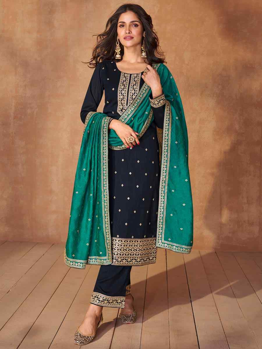 Nevy Blue Vichitra Silk Embroidered Festival Casual Ready Pant Salwar Kameez