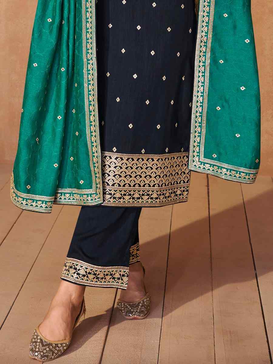 Nevy Blue Vichitra Silk Embroidered Festival Casual Ready Pant Salwar Kameez