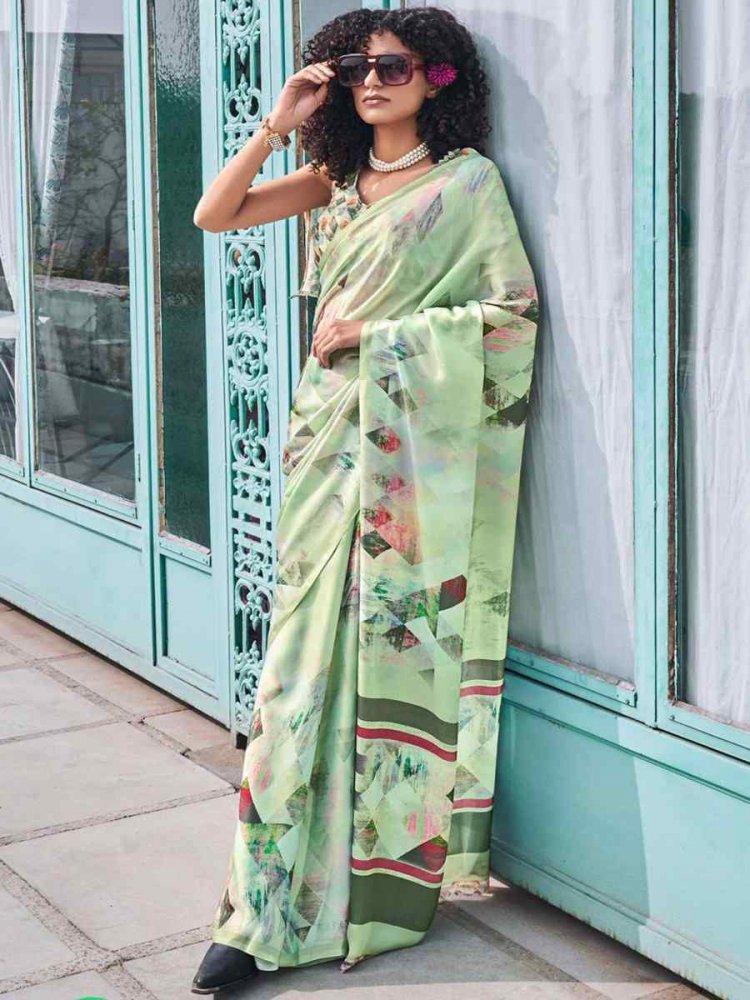 Off Green Crepe Soft Silk Printed Festival Casual Contemporary Saree
