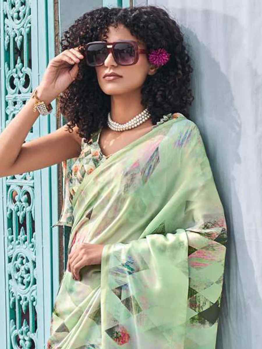 Off Green Crepe Soft Silk Printed Festival Casual Contemporary Saree