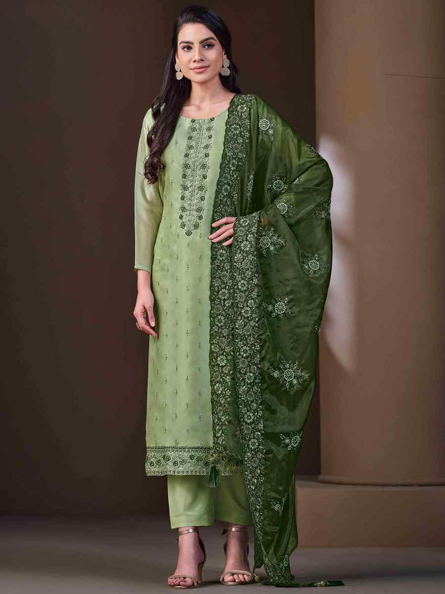 Off Green Crystal Organza Embroidered Festival Casual Ready Pant Salwar Kameez