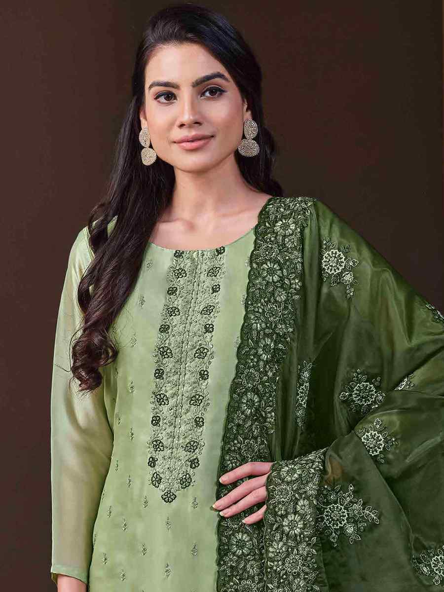 Off Green Crystal Organza Embroidered Festival Casual Ready Pant Salwar Kameez