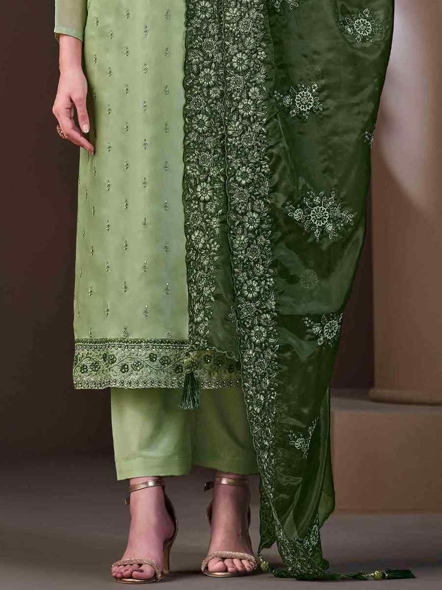 Off Green Crystal Organza Embroidered Festival Casual Ready Pant Salwar Kameez