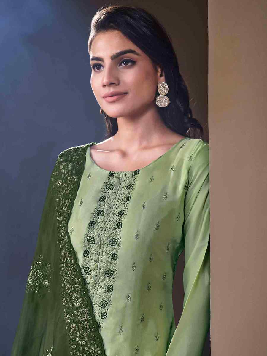 Off Green Crystal Organza Embroidered Festival Casual Ready Pant Salwar Kameez