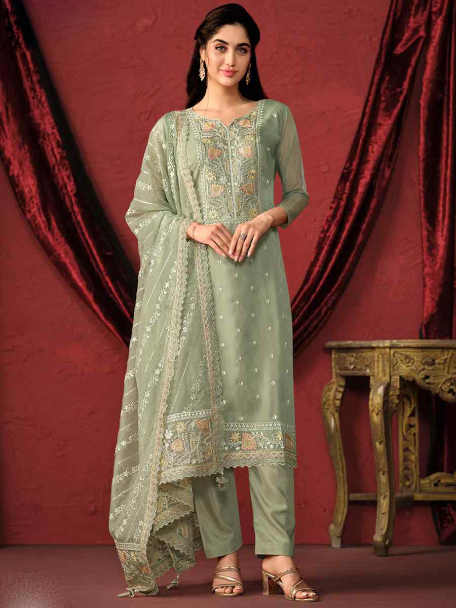 Off Green Crystal Organza Embroidered Festival Wedding Pant Salwar Kameez