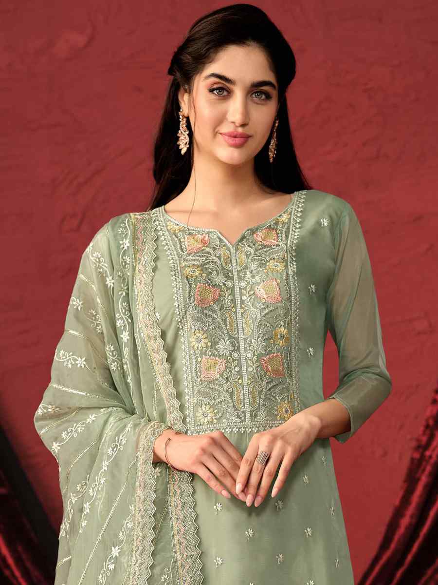 Off Green Crystal Organza Embroidered Festival Wedding Pant Salwar Kameez