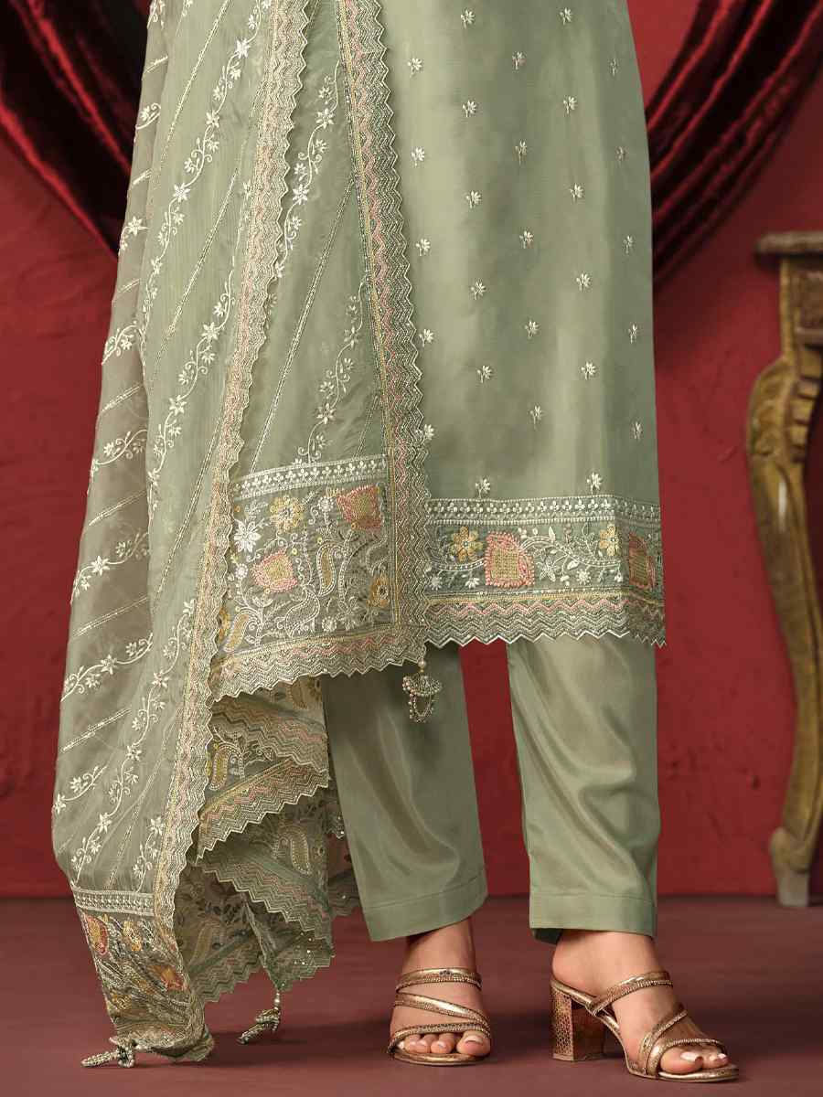 Off Green Crystal Organza Embroidered Festival Wedding Pant Salwar Kameez