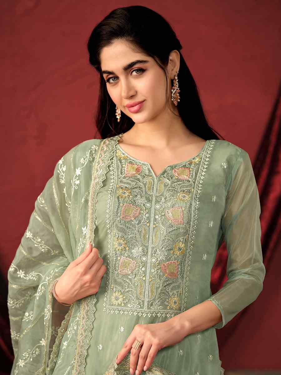 Off Green Crystal Organza Embroidered Festival Wedding Pant Salwar Kameez