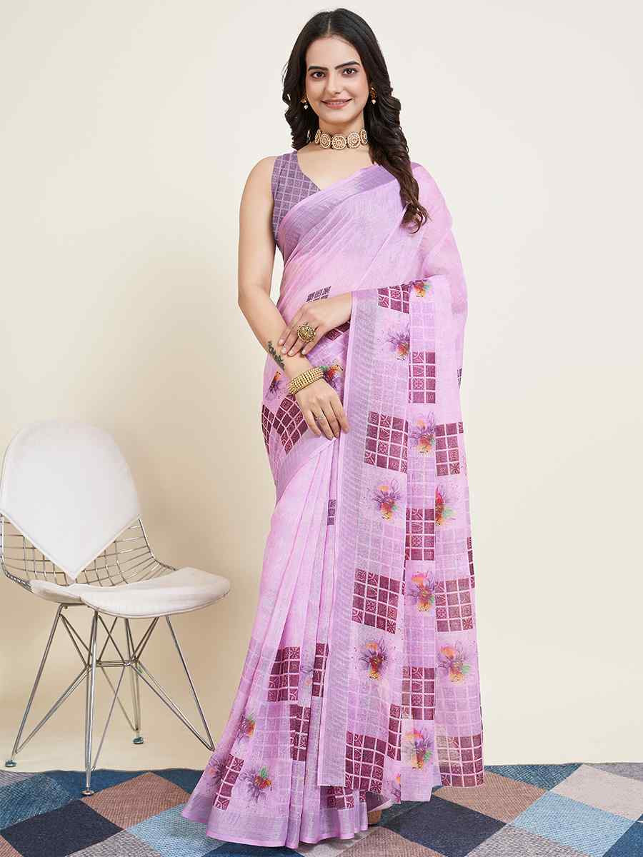 Off Pink Semi Cotton Printed Festival Casual Contemporary Saree