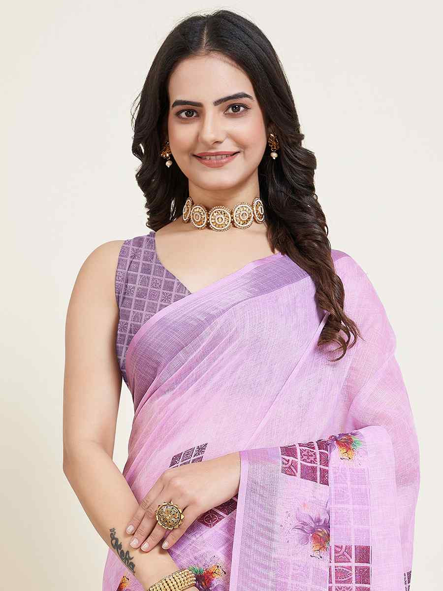 Off Pink Semi Cotton Printed Festival Casual Contemporary Saree