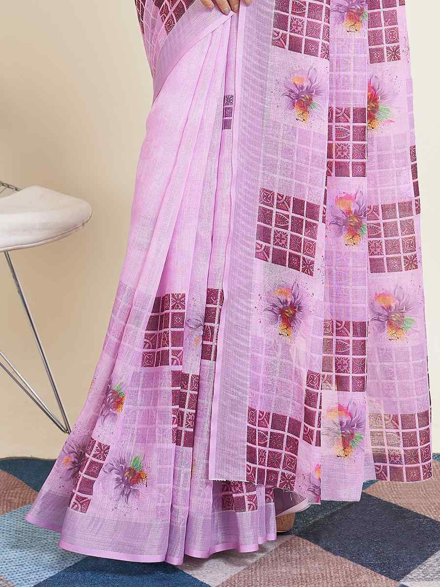 Off Pink Semi Cotton Printed Festival Casual Contemporary Saree