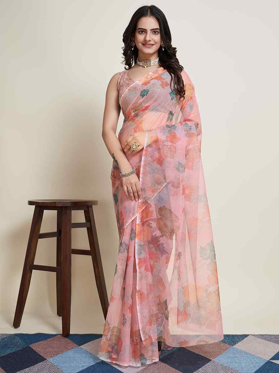 Off Pink Super Net Printed Festival Casual Contemporary Saree