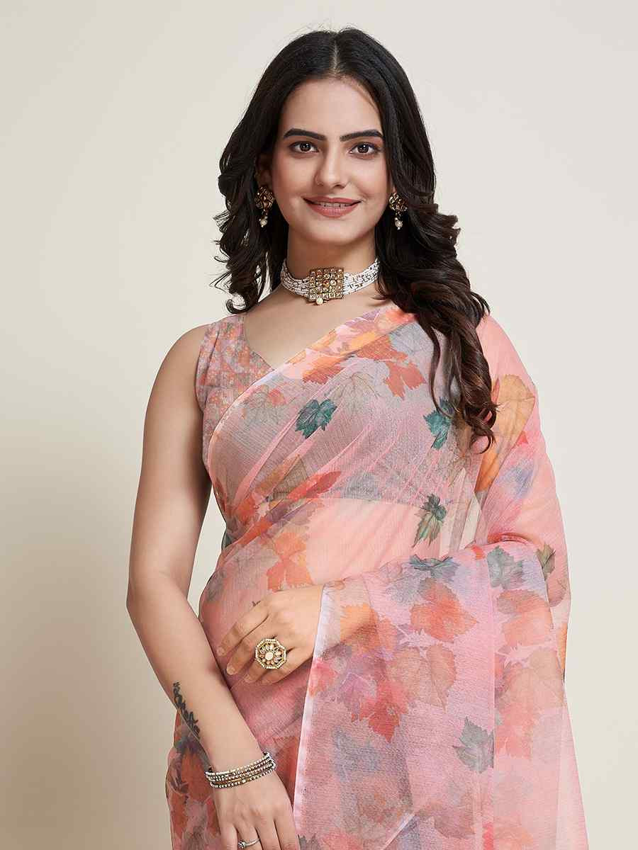 Off Pink Super Net Printed Festival Casual Contemporary Saree