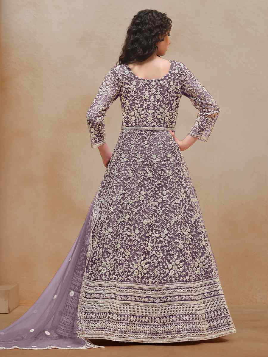 Off Purple Net Embroidered Festival Wedding Gown