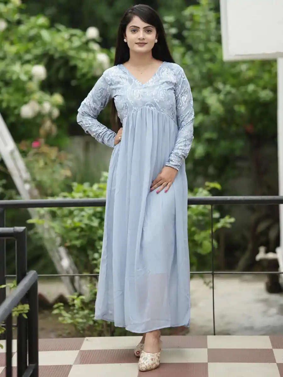 Off Sky Crepe Georgette Embroidered Festival Casual Gown