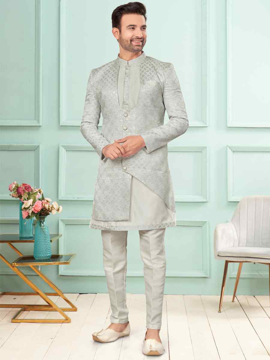 Off White Art Silk Embroidered Festival Wedding Kurta