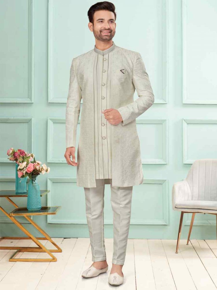 Off White Art Silk Embroidered Festival Wedding Kurta