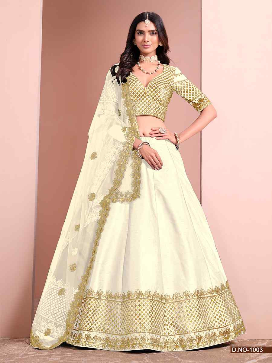 Off-White Art Silk Embroidery Reception Party Wear Heavy Border Lehenga Choli