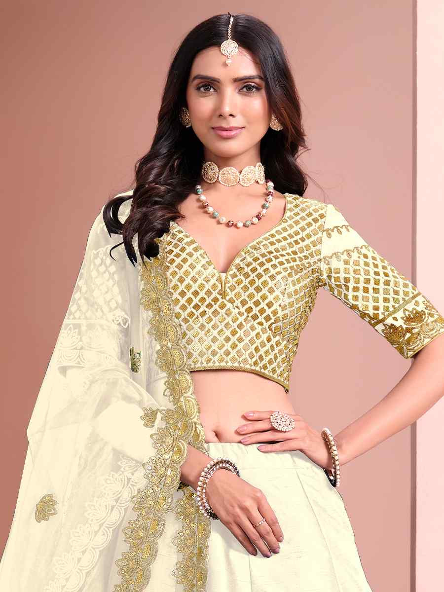 Off-White Art Silk Embroidery Reception Party Wear Heavy Border Lehenga Choli