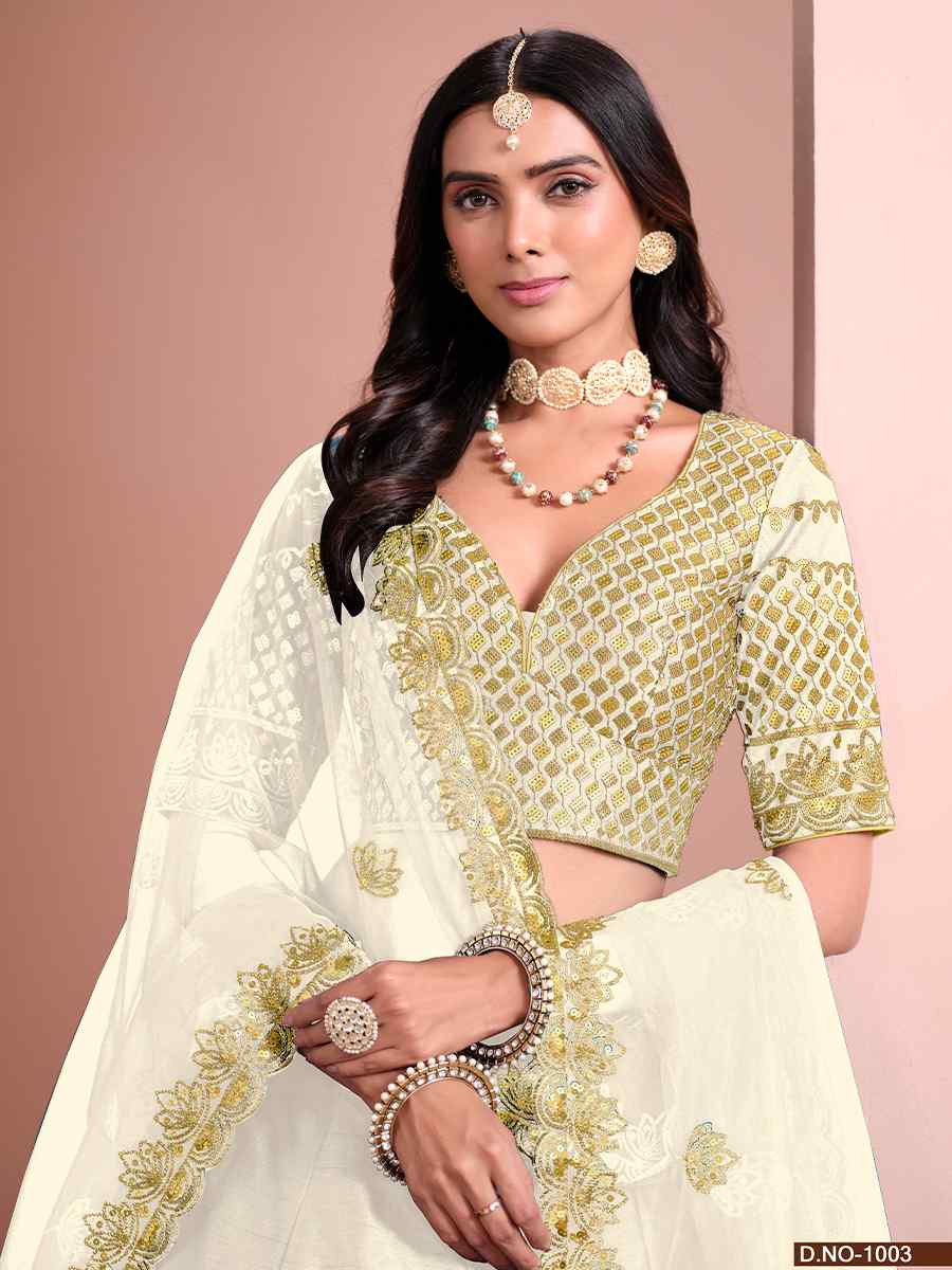 Off-White Art Silk Embroidery Reception Party Wear Heavy Border Lehenga Choli