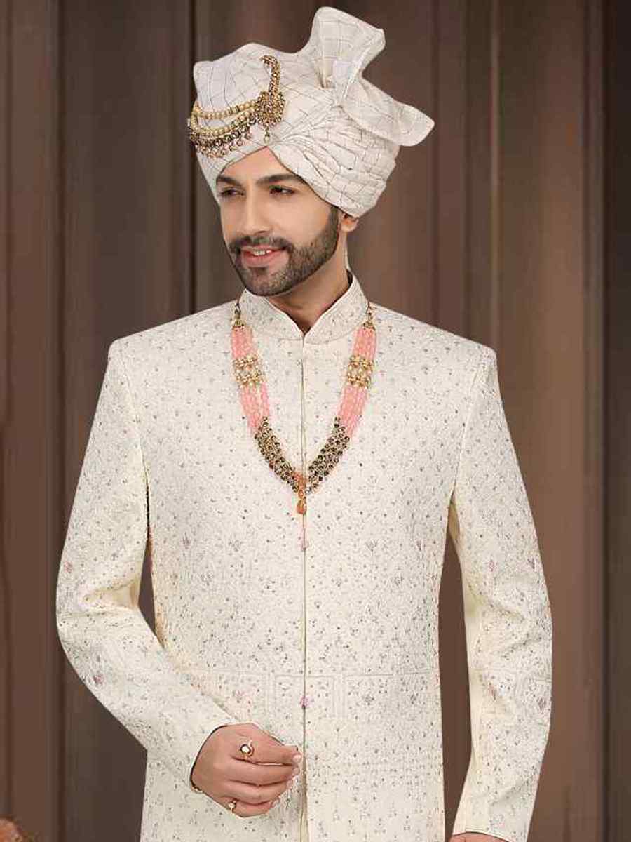 Off White Banarasi Jacquard Woven Groom Wedding Sherwani