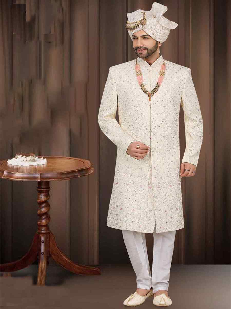 Off White Banarasi Jacquard Woven Groom Wedding Sherwani