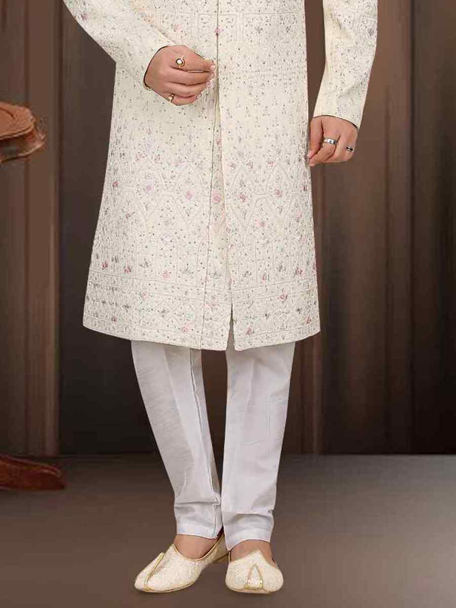 Off White Banarasi Jacquard Woven Groom Wedding Sherwani