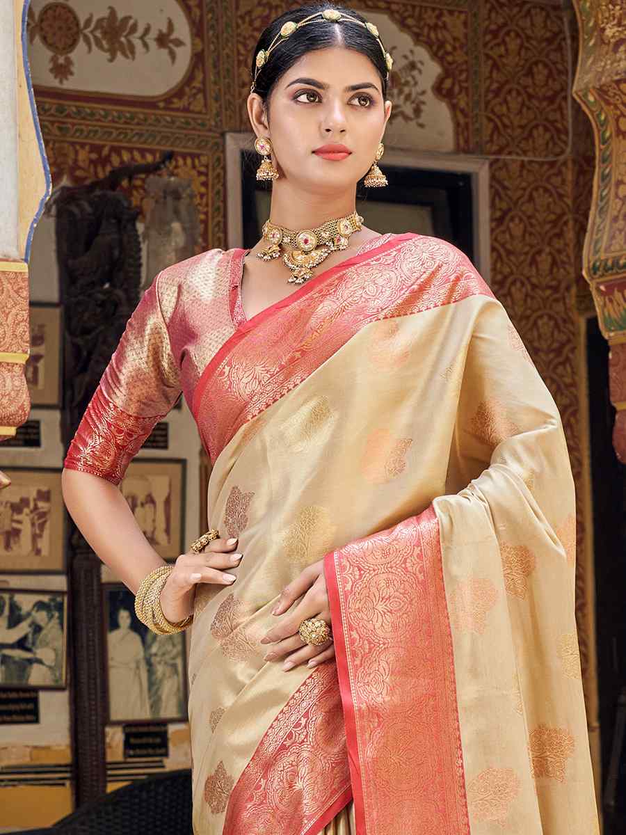 Off White Banarasi Silk Handwoven Wedding Festival Heavy Border Saree