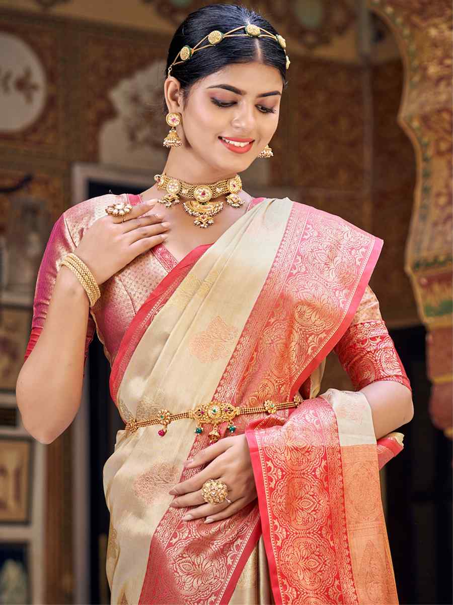 Off White Banarasi Silk Handwoven Wedding Festival Heavy Border Saree