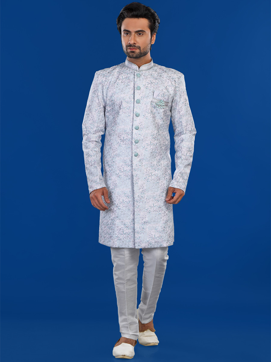 Off White Cotton Embroidered Party Wedding Kurta