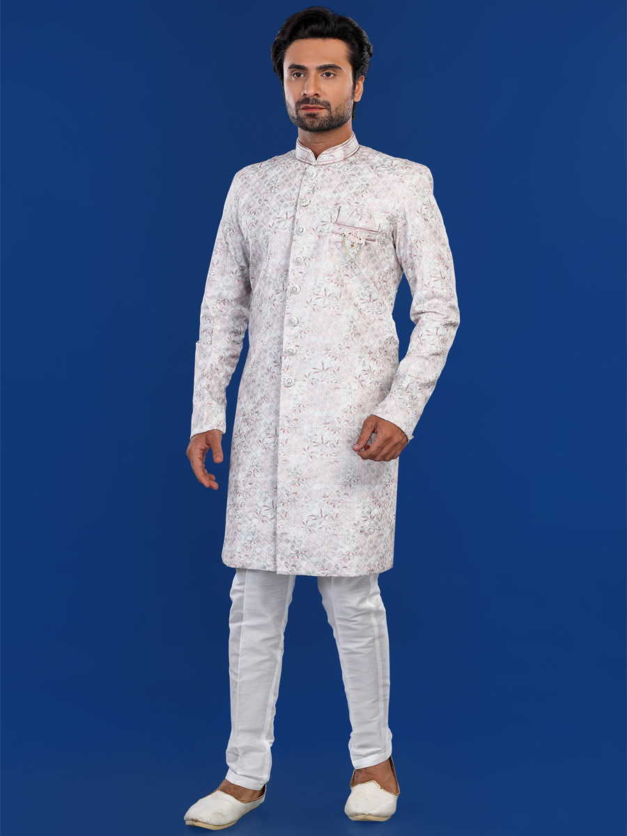 Off White Cotton Embroidered Party Wedding Kurta