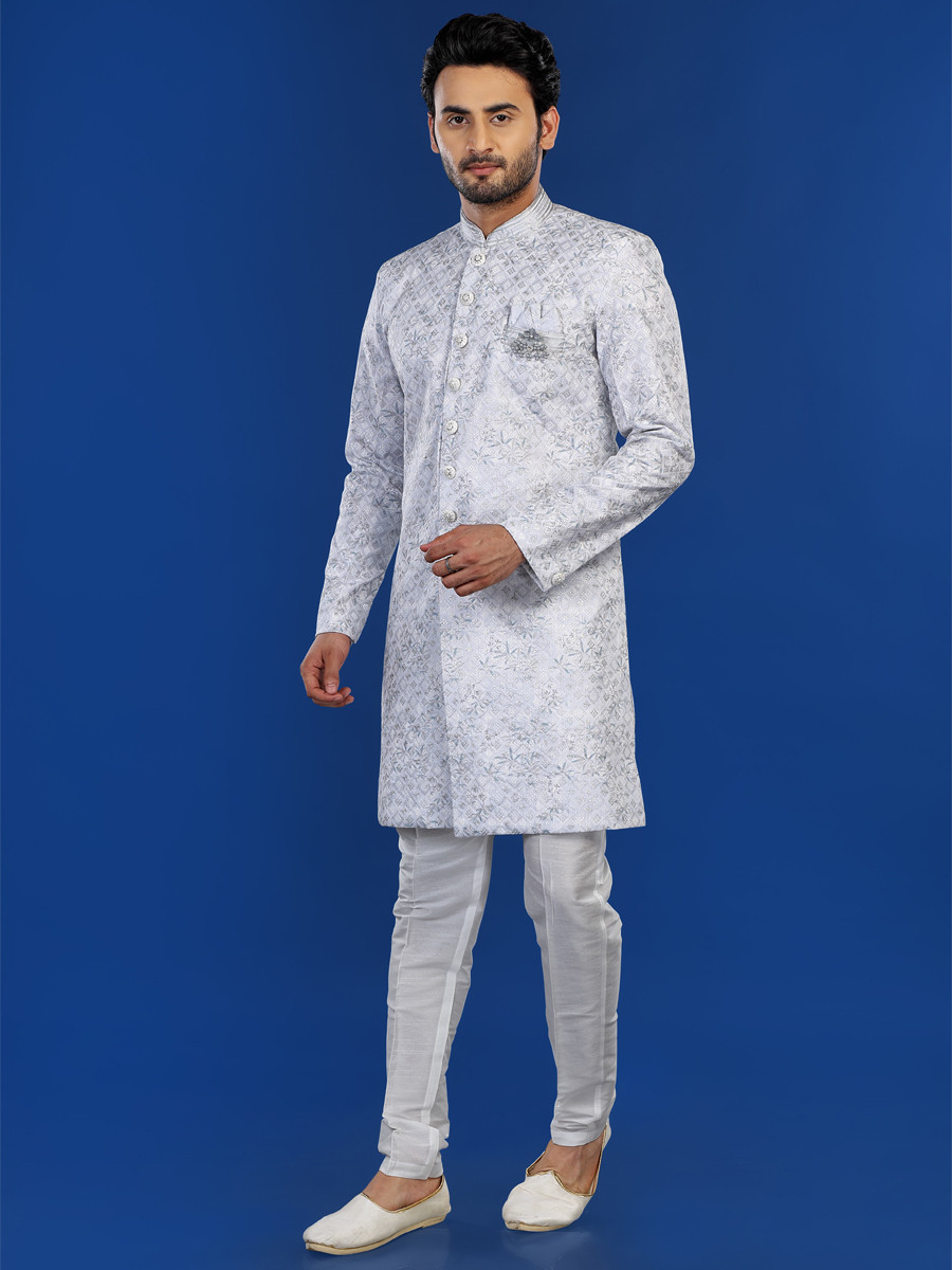 Off White Cotton Embroidered Party Wedding Kurta