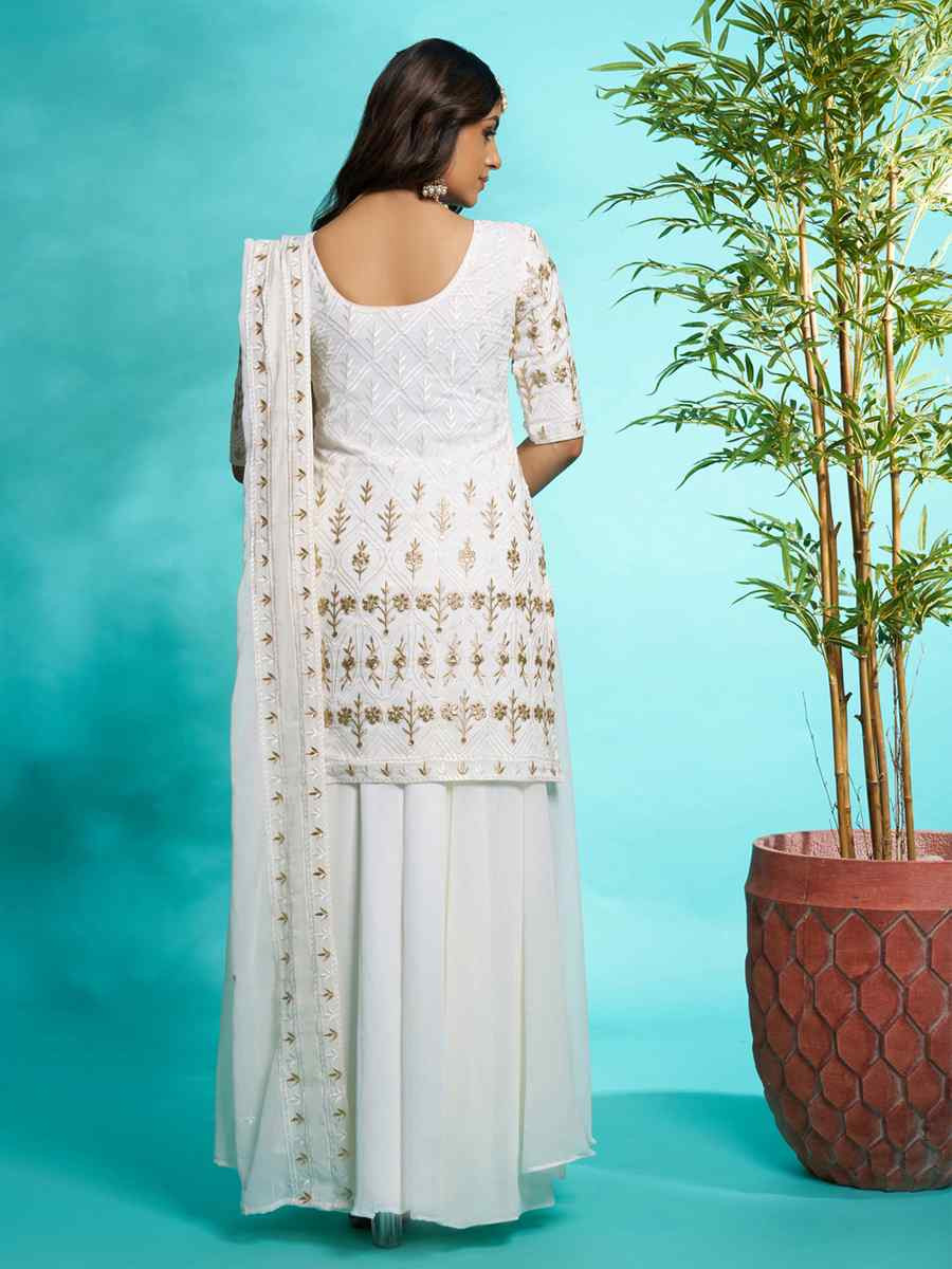 Off White Faux Georgette Embroidered Festival Wedding Ready Palazzo Pant Salwar Kameez