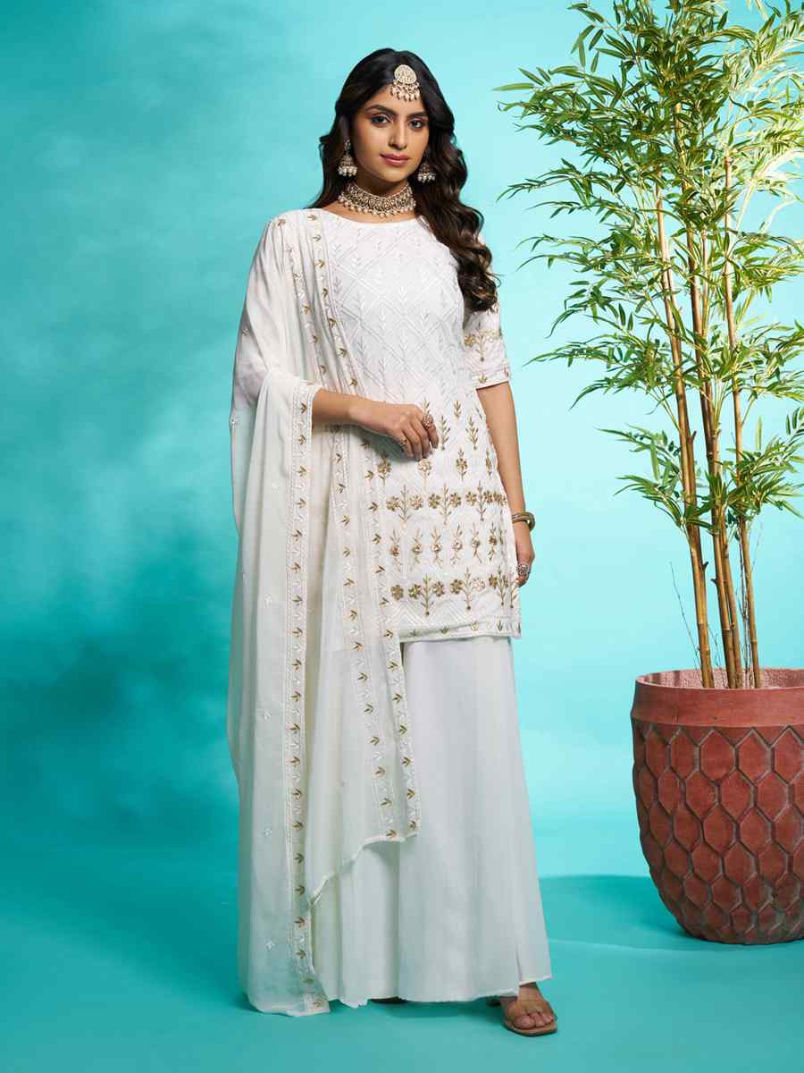 Off White Faux Georgette Embroidered Festival Wedding Ready Palazzo Pant Salwar Kameez