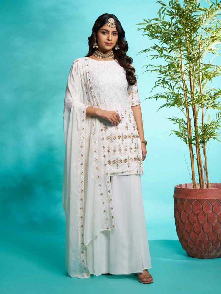 Off White Faux Georgette Embroidered Festival Wedding Ready Palazzo Pant Salwar Kameez