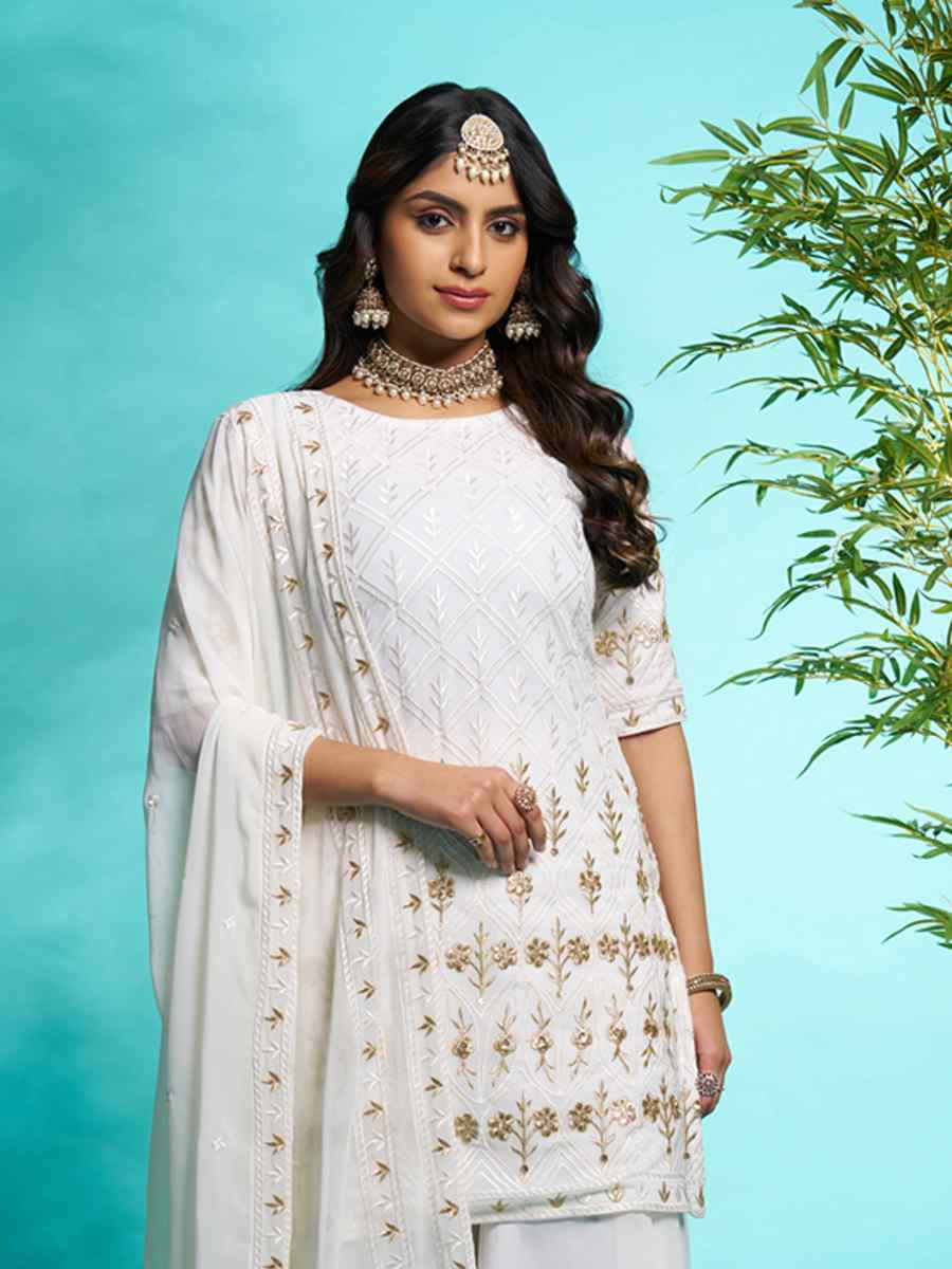 Off White Faux Georgette Embroidered Festival Wedding Ready Palazzo Pant Salwar Kameez