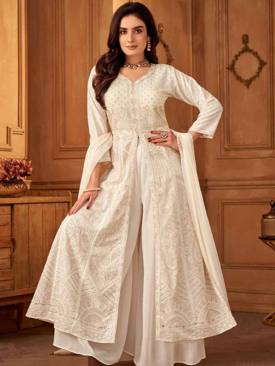 Off-White Georgette Embroidered Festival Wedding Ready Palazzo Pant Salwar Kameez