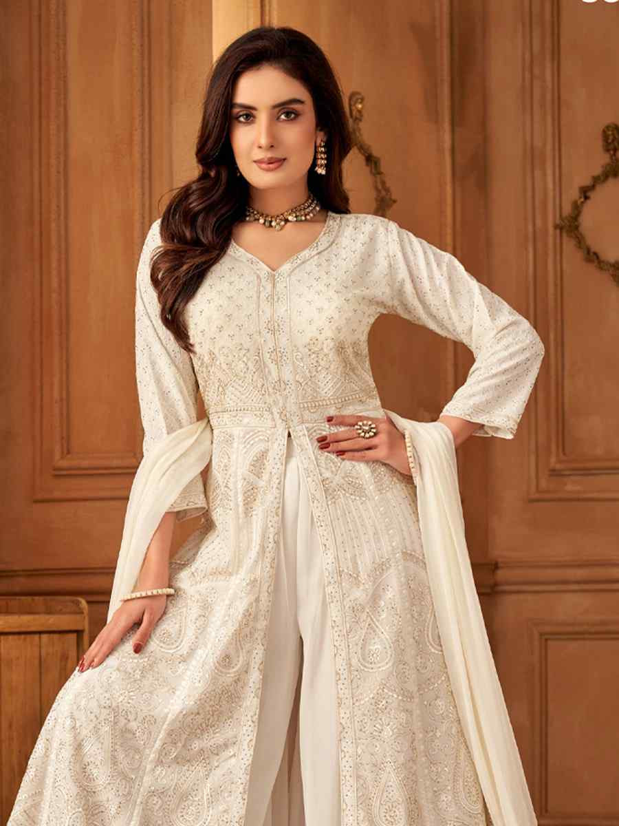 Off-White Georgette Embroidered Festival Wedding Ready Palazzo Pant Salwar Kameez