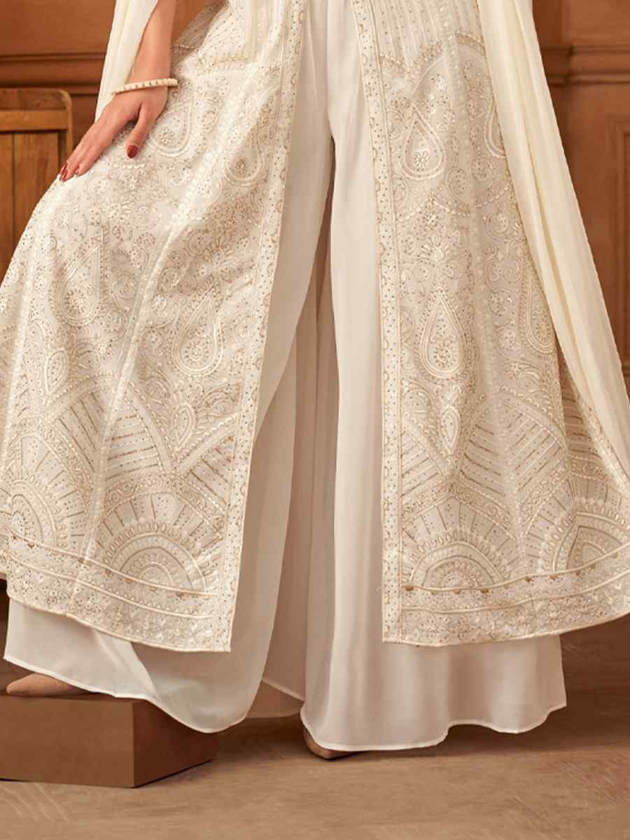 Off-White Georgette Embroidered Festival Wedding Ready Palazzo Pant Salwar Kameez