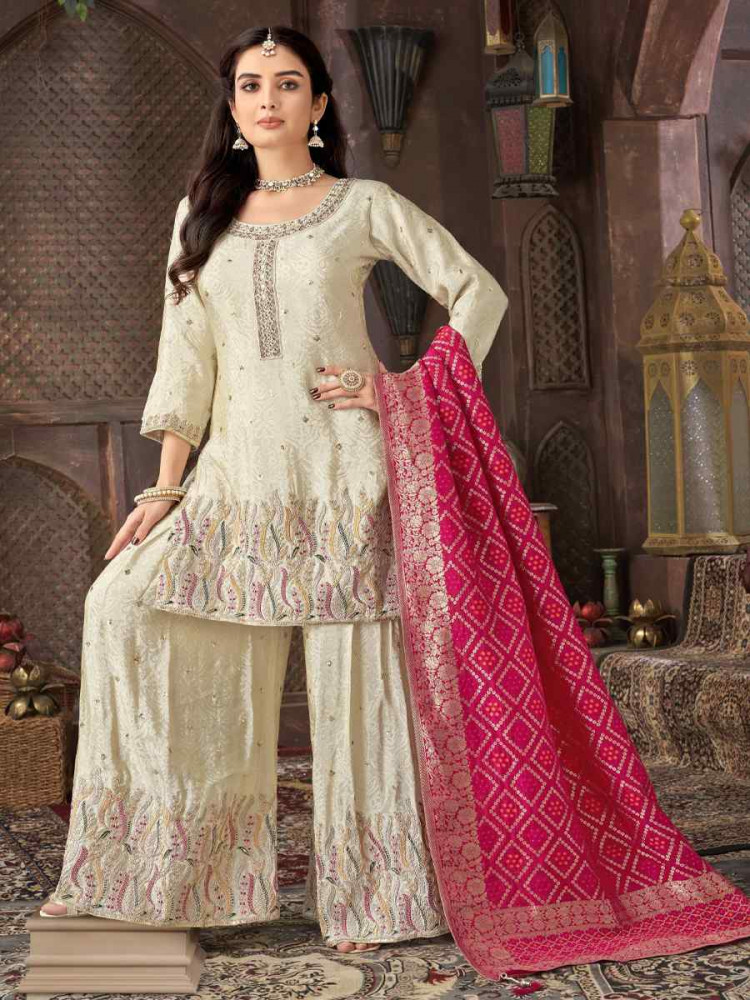 Off-White Georgette Embroidered Festival Wedding Ready Palazzo Pant Salwar Kameez