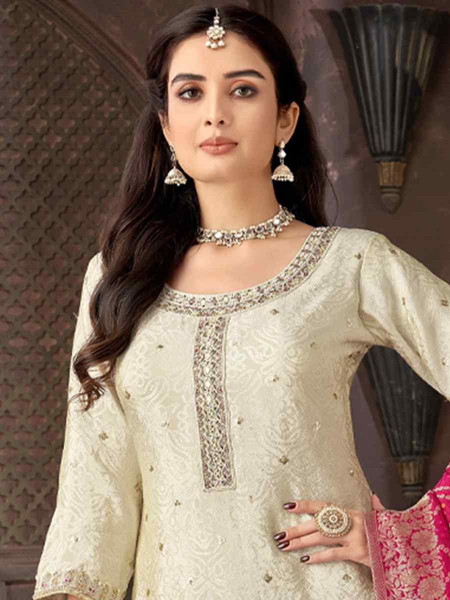 Off-White Georgette Embroidered Festival Wedding Ready Palazzo Pant Salwar Kameez