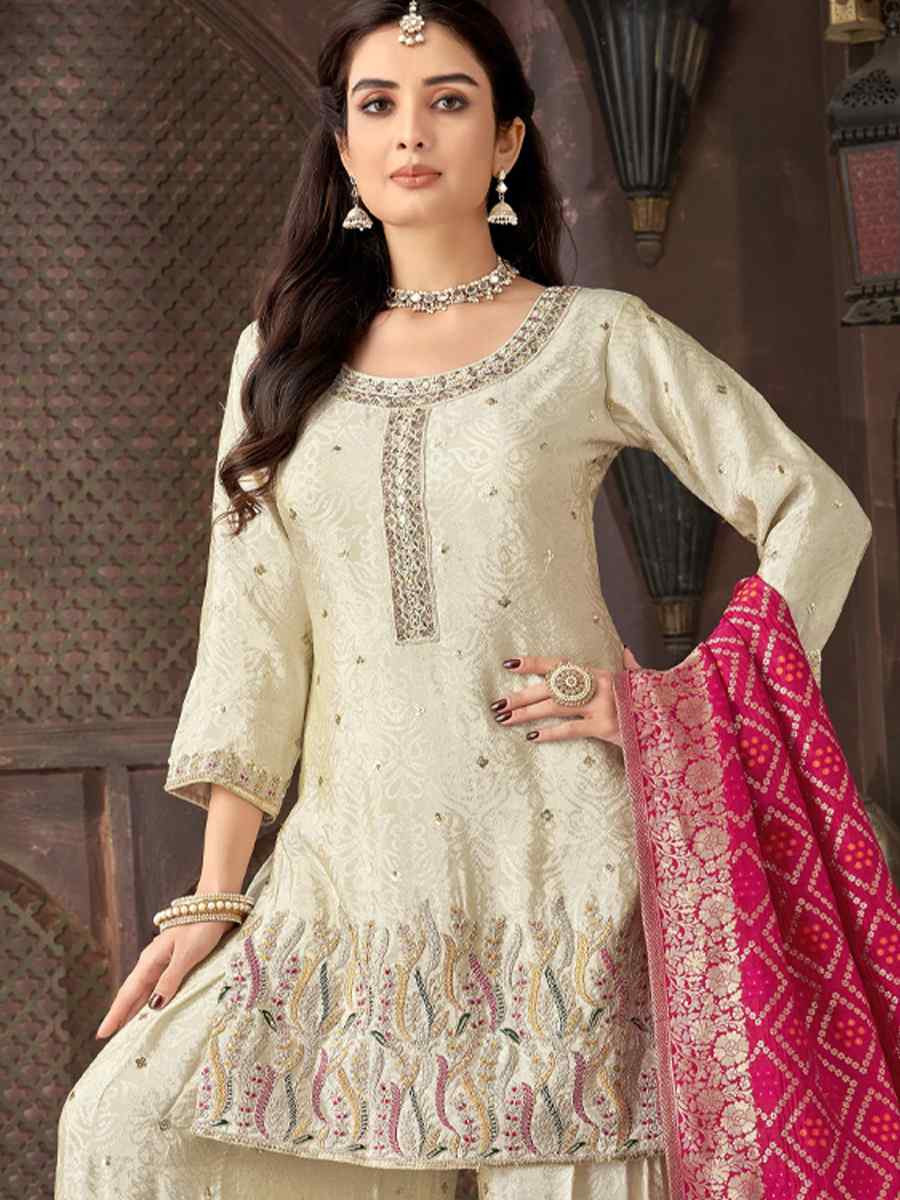 Off-White Georgette Embroidered Festival Wedding Ready Palazzo Pant Salwar Kameez