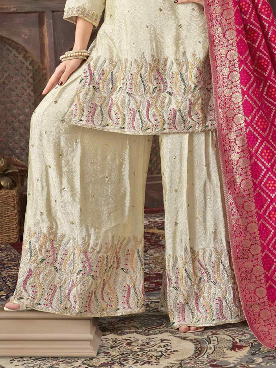 Off-White Georgette Embroidered Festival Wedding Ready Palazzo Pant Salwar Kameez