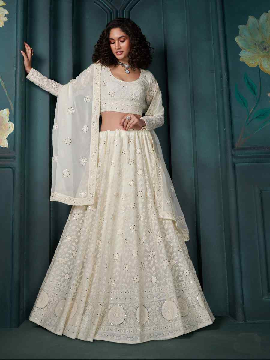 Off White Georgette Embroidered Wedding Festival Heavy Border Lehenga Choli